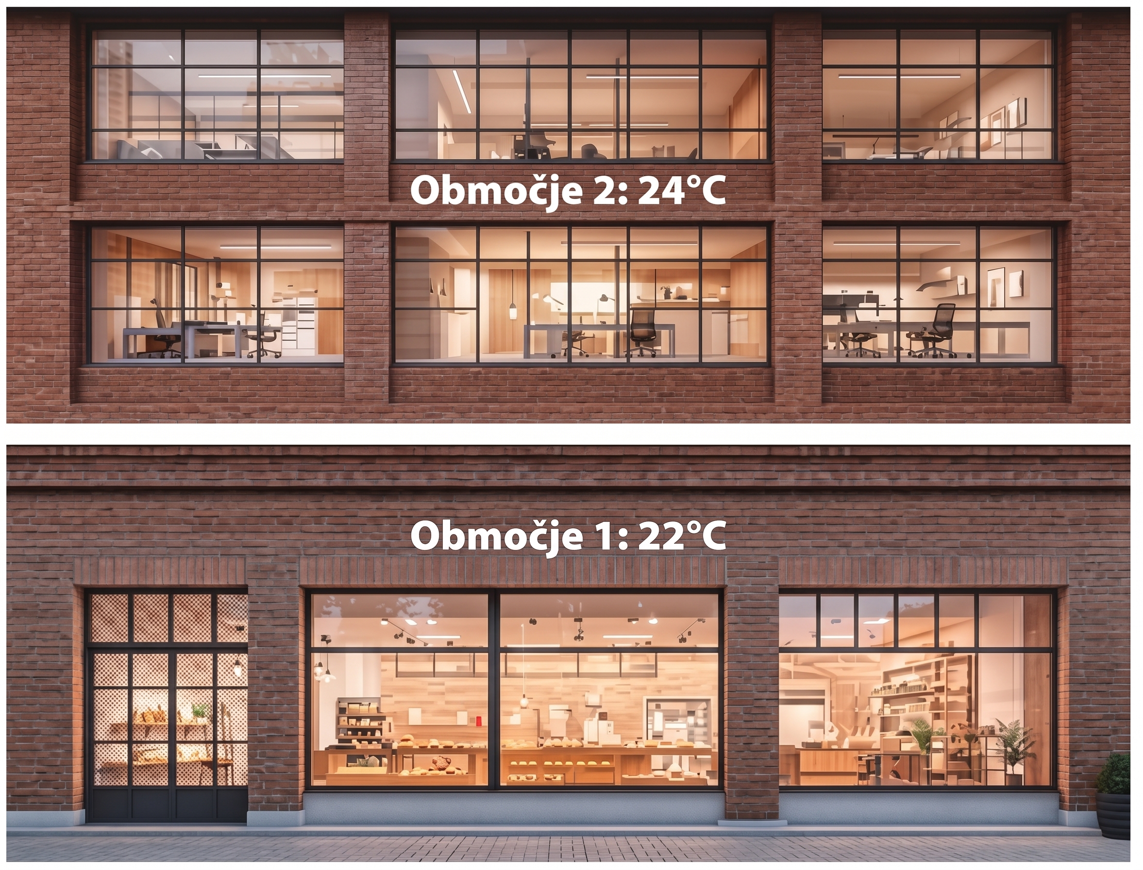Krmiljenje dveh območij: Območje 1 (22°C) in Območje 2 (24°C)